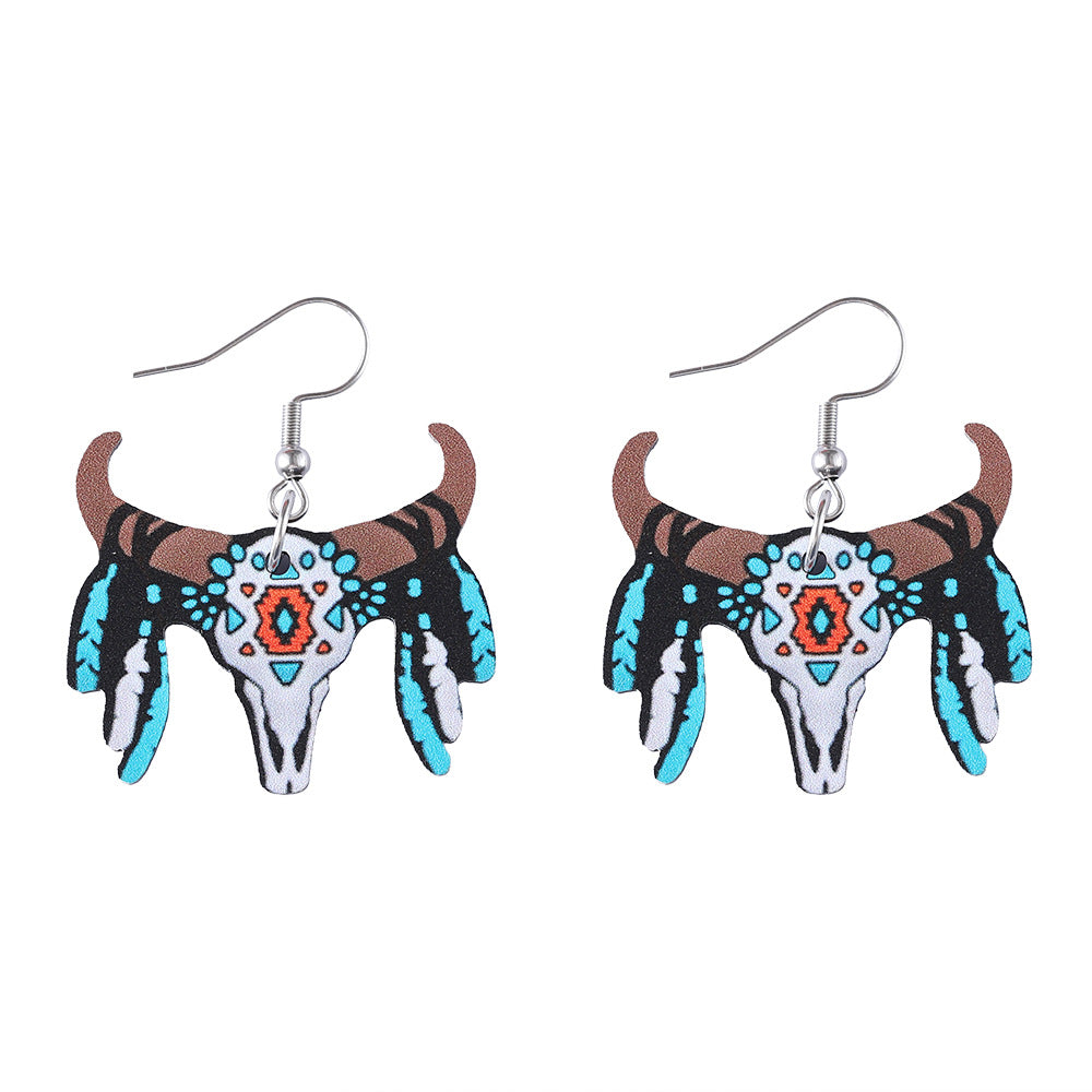 Wholesale Western ethnic style bull head wooden double-sided earrings